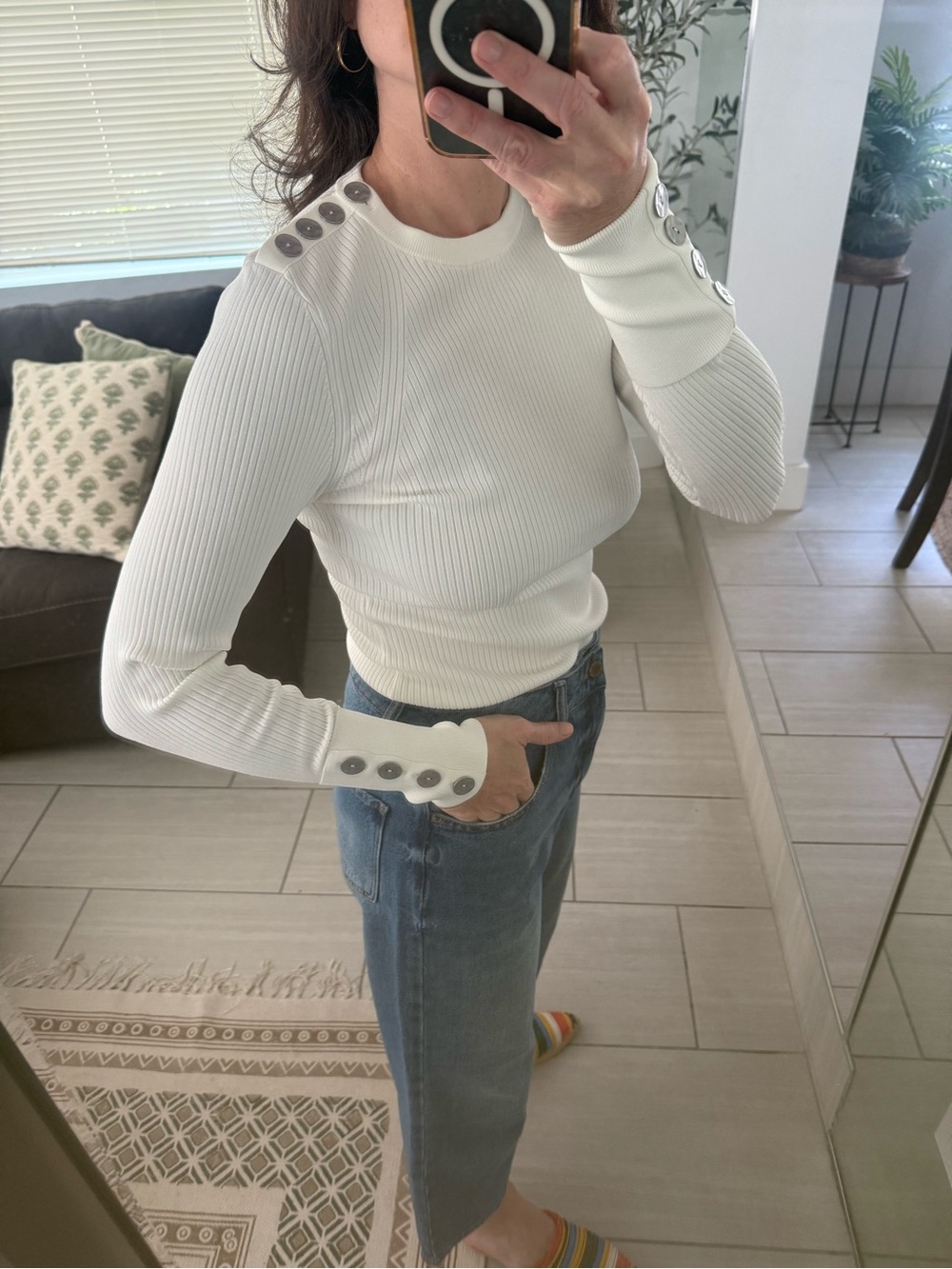 NWT Jonathan Simkhai Off-White Ribbed Knit Long-Sleeve Top with Button Detail XS